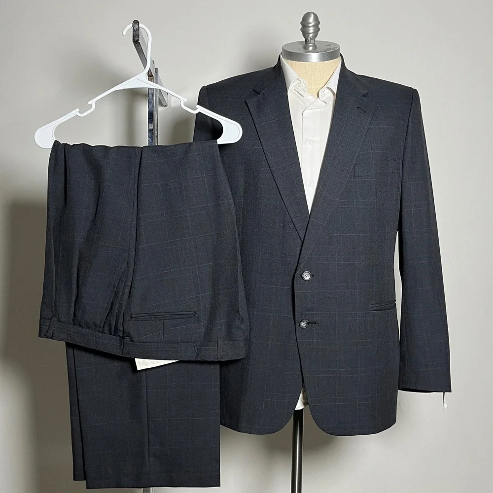 John Weitz Palm Beach Suit Mens 46L 41W Charcoal Gray Windowpane Big and Tall